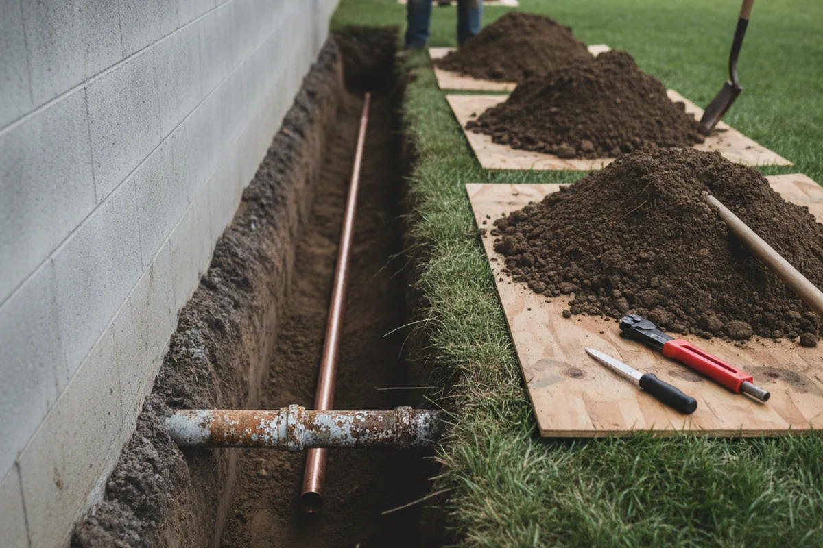 Excavated water line trench during Water Softener Installation in Grand View